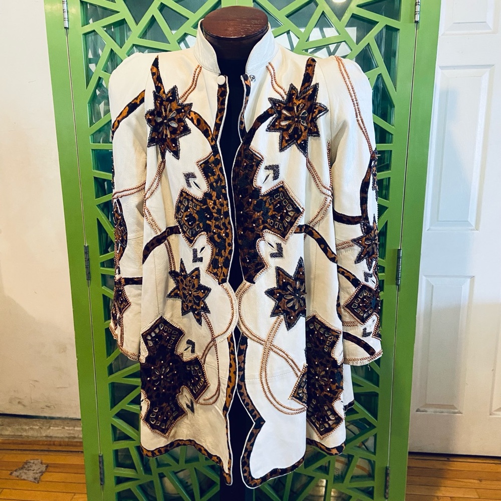 French Collizioni Vintage Studded Beaded Embellished Leather Open Front Jacket